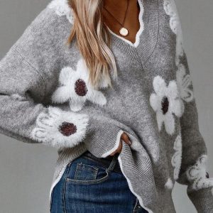 Contrast Binding 3D Flower V Neck Long Sleeve Pullover Sweater Casual Loose Fit Fall Top, women Sweaters & Cardigans, ChicMe catalog