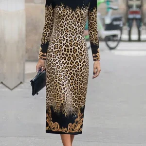 Urban Leopard Printing Crew Neck Midi Dress, Midi Dresses, color:As Picture|size:XXL, Stylewe