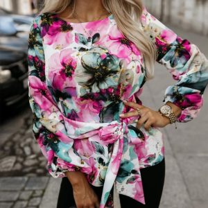Floral Print Round Neck Stretchy Cuffs Bow Tie Waist Blouse Casual Top, women Blouses & Shirts, ChicMe catalog