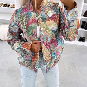 Jacquard Embroidery Long Sleeve Baseball Jacket Casual Loose Fit Cropped Coat, women Jackets & Coats, ChicMe catalog