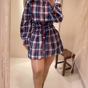 Plaid Print Turn-down Collar Button Down Shirred Waist Shirt Dress Casual Waist-Gathered A Line Dress, women Shirt Dresses, ChicMe catalog