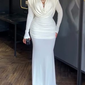 Cowl Neck Ruched Cinched Waist Slim Fit Maxi Dress Casual Padded Shoulders Backless Evening Dress, women Evening Dresses, ChicMe catalog