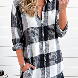 Shirt Collar Long Sleeve Plaid Regular Loose Shirt For Women, Shirts, color:Gray|size:XXL, catalog Noracora shop