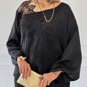 Asymmetrical Neck Cold Shoulder Lantern Sleeve Embroidery Blouse Casual Lace Patchwork Loose Top, women Blouses & Shirts, ChicMe catalog