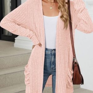Women Spring/Fall Outerwear Vintage Gathered Plain Long Sleeve Jacket, Kimono, color:Pink|size:XXL, catalog Noracora shop