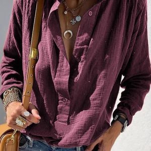 Stand Collar Long Sleeve Plain Regular Loose Shirt For Women, Shirts, color:Fuchsia|size:3XL, catalog Noracora shop