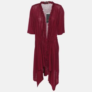 Marina Rinaldi Burgundy Stretch Knit Ruffle Edge Drawstring Cardigan L, Sweaters & Cardigans - Luxury Closet