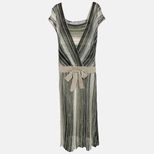 Marina Rinaldi Grey/Black Stripe Stretch Knit Midi Dress L, Dresses - Luxury Closet