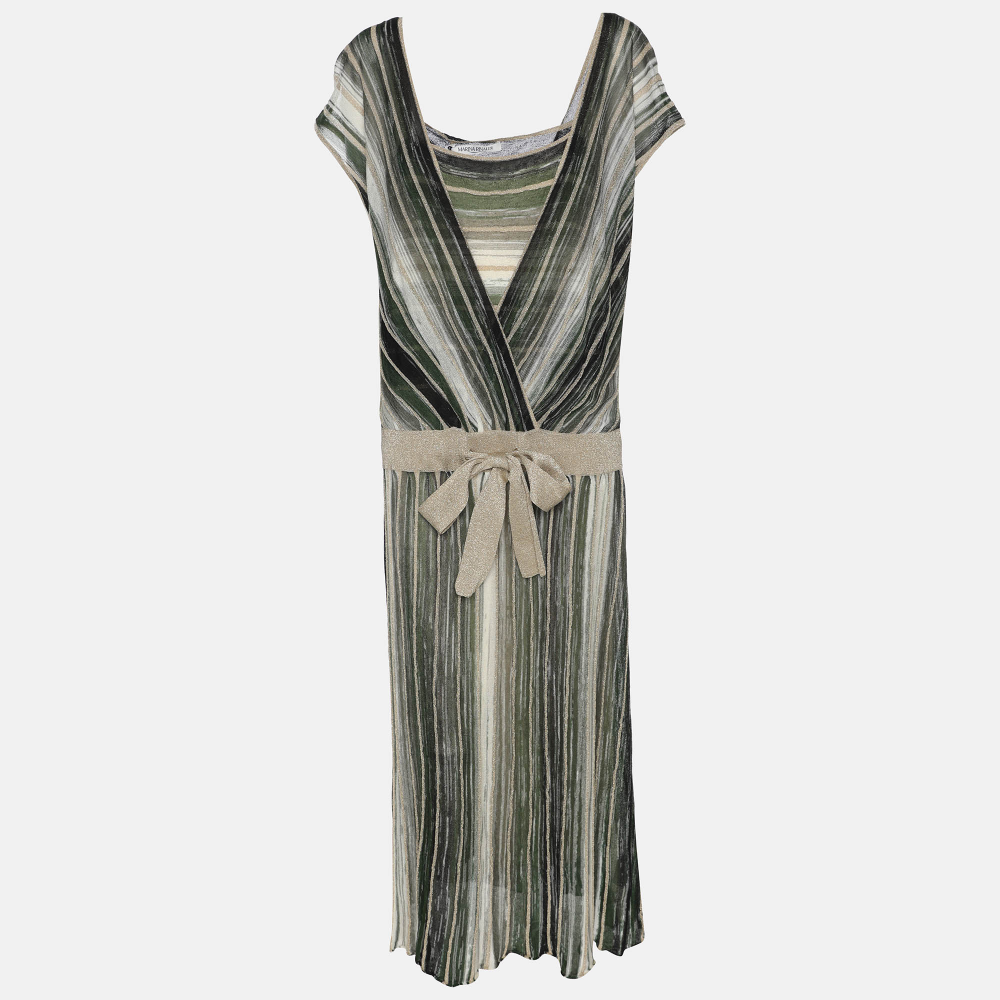 Marina Rinaldi Grey/Black Stripe Stretch Knit Midi Dress L, Dresses - Luxury Closet