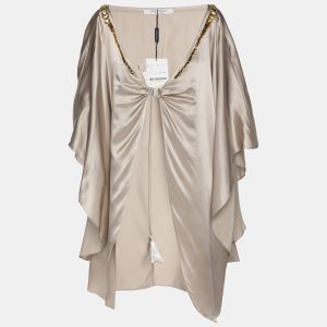 Marina Rinaldi Beige Satin Crystal Embellished Poncho L, Shirts & Tops - Luxury Closet