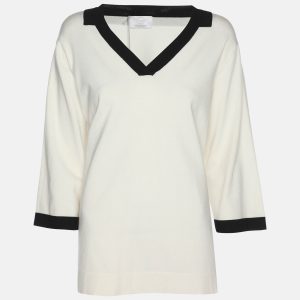 Marina Rinaldi Cream Jersey Contrast Trim V Neck Sweater L, Sweaters & Cardigans - Luxury Closet