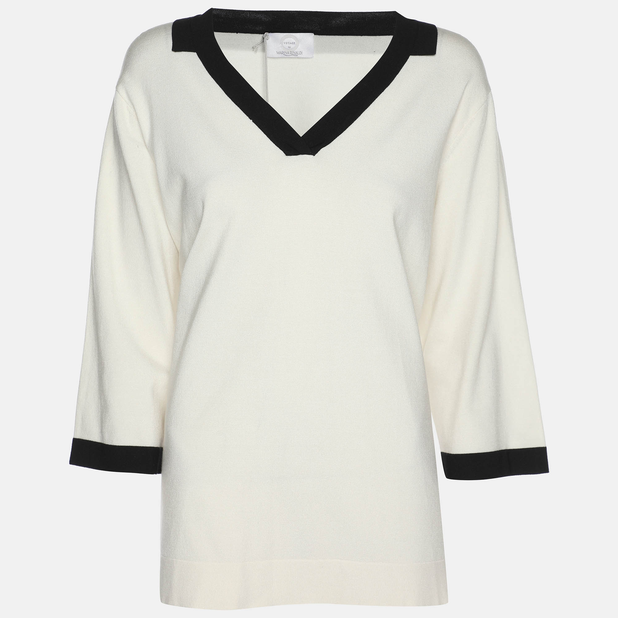 Marina Rinaldi Cream Jersey Contrast Trim V Neck Sweater L, Sweaters & Cardigans - Luxury Closet
