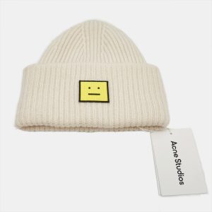 Acne Studio Ivory Rib Knit Evil Face Logo Beanie One Size, Apparel & Accessories - Luxury Closet