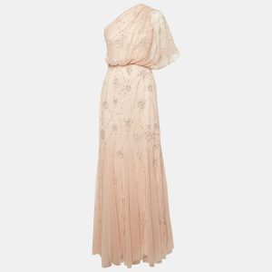 Adrianna Papell Pink Sequin Embroidered Tulle One Shoulder Gown S, Dresses - Luxury Closet