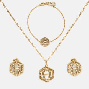 Aigner Logo Crystals Gold Tone Necklace Bracelet Earrings Set, Jewelry - Luxury Closet catalog