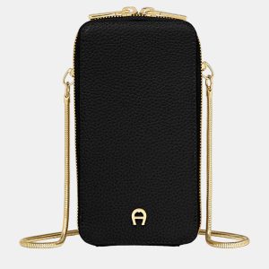 Aigner Black Leather Chain Pouch, Wallets & Money Clips - Luxury Closet