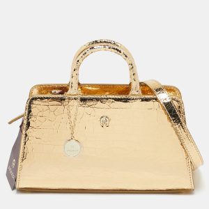 Aigner Gold Crackled Patent Leather Mini Cybill Tote, Tote Handbags - Luxury Closet