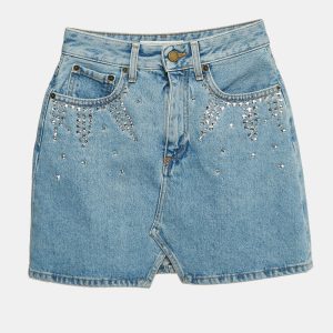Alessandra Rich Blue Embellished Denim Mini Skirt S Waist 26", Skirts - Luxury Closet catalog