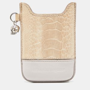 Alexander Mcqueen Beige Croc Embossed and Leather Phone Case, Mobile Phone Cases - Luxury Closet