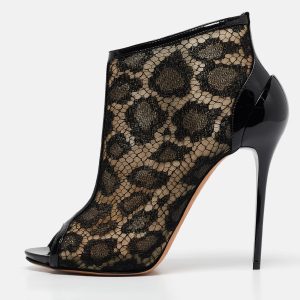 Alexander McQueen Black Mesh and Patent Leather Peep Toe Ankle Booties Size 38, Boots - Luxury Closet catalog