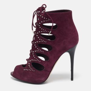 Alexander McQueen Burgundy Suede Ankle Length Studded Cut Out Ankle Boots Size 37, Boots - Luxury Closet