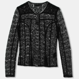 Alexander Wang Black Lace & Leather Trimmed Button Front Top S, Shirts & Tops - Luxury Closet