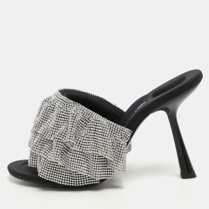 Alexander Wang Silver/Black Ruffled Detail Crystal and Fabric Nala Slide Sandals Size 37, Sandals - Luxury Closet