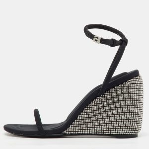 Alexander Wang Dahlia Black Satin Crystal Ankle Strap Wedge Sandals Size 37, Sandals - Luxury Closet