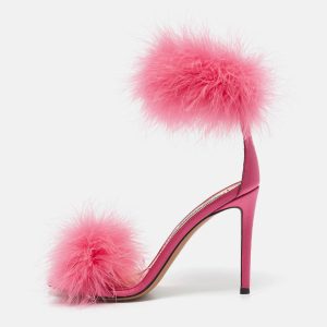 Alexandre Vauthier Pink Feather and Satin Veronica Ankle Strap Sandals Size 37, Sandals - Luxury Closet