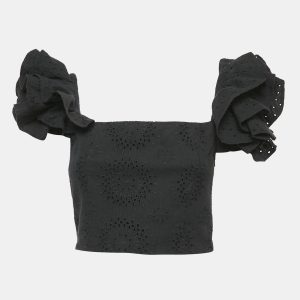 Alice + Olivia Black Broderie-Anglaise Tawny Ruffled Crop Top S, Shirts & Tops - Luxury Closet
