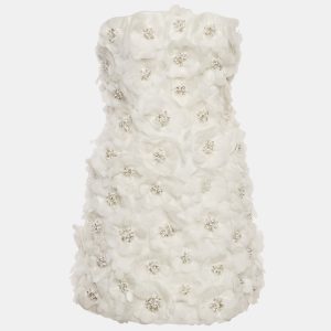 Alice + Olivia White Embellished Floral Applique Nylon Feather Detail Strapless Mini Dress S, Dresses - Luxury Closet catalog