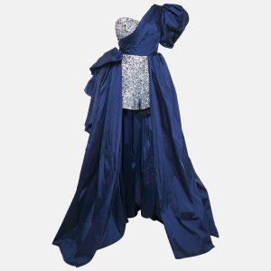 Amelie Baku Blue Sequin Embellished Satin Draped One Shoulder Gown S, Dresses - Luxury Closet catalog