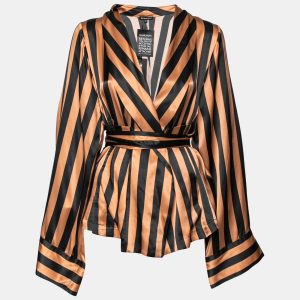 Ann Demeulemeester Peach & Black Silk Belted Wrap Blouse M, Shirts & Tops - Luxury Closet