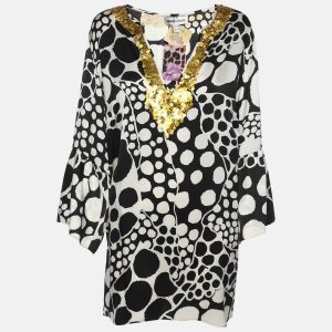 Anna Scholz Black/White Printed Satin Silk Sequin Kaftan XL, Shirts & Tops - Luxury Closet catalog