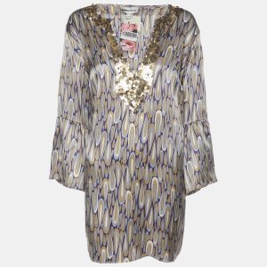 Anna Scholz Multicolor Satin Sequin Embellishment Wide Sleeve V Neck Tunic XL, Shirts & Tops - Luxury Closet