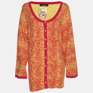 Anna Scholz Red/Yellow Animal Print Jersey Cardigan XL, Sweaters & Cardigans - Luxury Closet