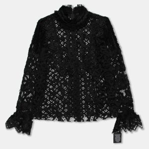 Anna Sui Black Lace Ruffle Trimmed Long Sleeve Blouse M, Shirts & Tops - Luxury Closet