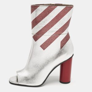 Anya Hindmarch Silver/Burgundy Stripe Leather Peep Toe Ankle Boots Size 40, Boots - Luxury Closet