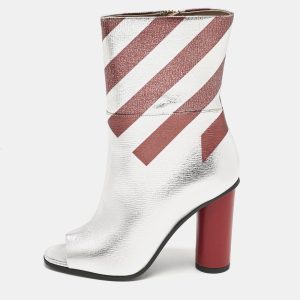 Anya Hindmarch Silver/Burgundy Stripe Leather Peep Toe Ankle Boots Size 37, Boots - Luxury Closet catalog