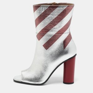 Anya Hindmarch Silver/Burgundy Stripe Leather Peep Toe Ankle Boots Size 38, Boots - Luxury Closet