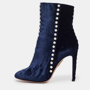 Aquazzura Navy Blue Velvet Follie Pearls Ankle Boots Size 36.5, Boots - Luxury Closet catalog