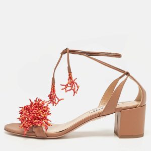 Aquazzura Brown Leather Panarea Beaded Ankle Tie Sandals Size 39.5, Sandals - Luxury Closet