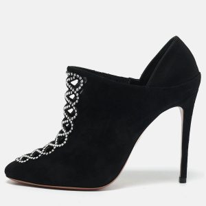 Aquazzura Black Suede Leather and Satin Crystal Embellished Amour Pumps Size 37.5, Pumps - Luxury Closet