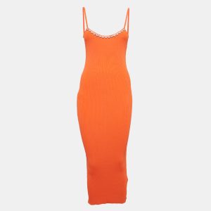 Area Orange Rib Knit Crystal Embellished Midi Dress M, Dresses - Luxury Closet