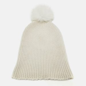 Autumn Cashmere White Purl Knit Fox Fur Pom Pom Beanie, Apparel & Accessories - Luxury Closet