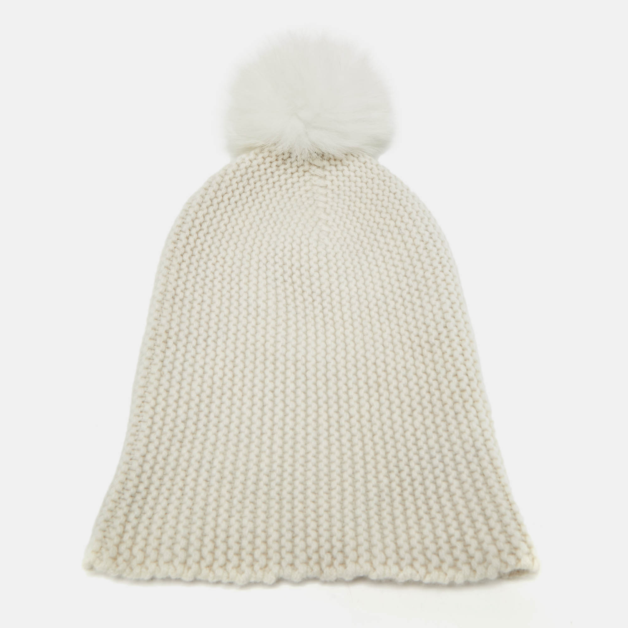 Autumn Cashmere White Purl Knit Fox Fur Pom Pom Beanie, Apparel & Accessories - Luxury Closet