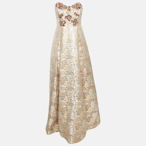 Badgley Mischka Rose Gold Sequin Embellished Brocade Strapless Gown M, Dresses - Luxury Closet