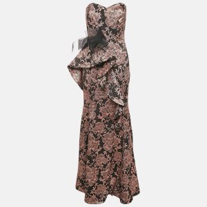 Badgley Mischka Black/Metallic Floral Jacquard Ruffled Strapless Gown M, Dresses - Luxury Closet
