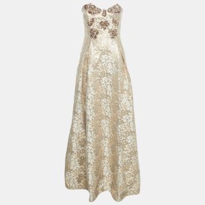 Badgley Mischka Gold Sequin Embellished Brocade Strapless Gown L, Dresses - Luxury Closet