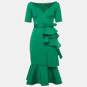 Badgley Mischka Green Neoprene Ruffled Midi Dress S, Dresses - Luxury Closet